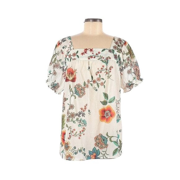 NWT Johnny Was Ekru Ardell Puff Sleeve Top in Ivory Floral Print Sheer Blouse M
