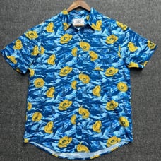 Savage Tacticians Shirt Large Blue Yellow Flowers Hawaiian Casual Stretch Floral