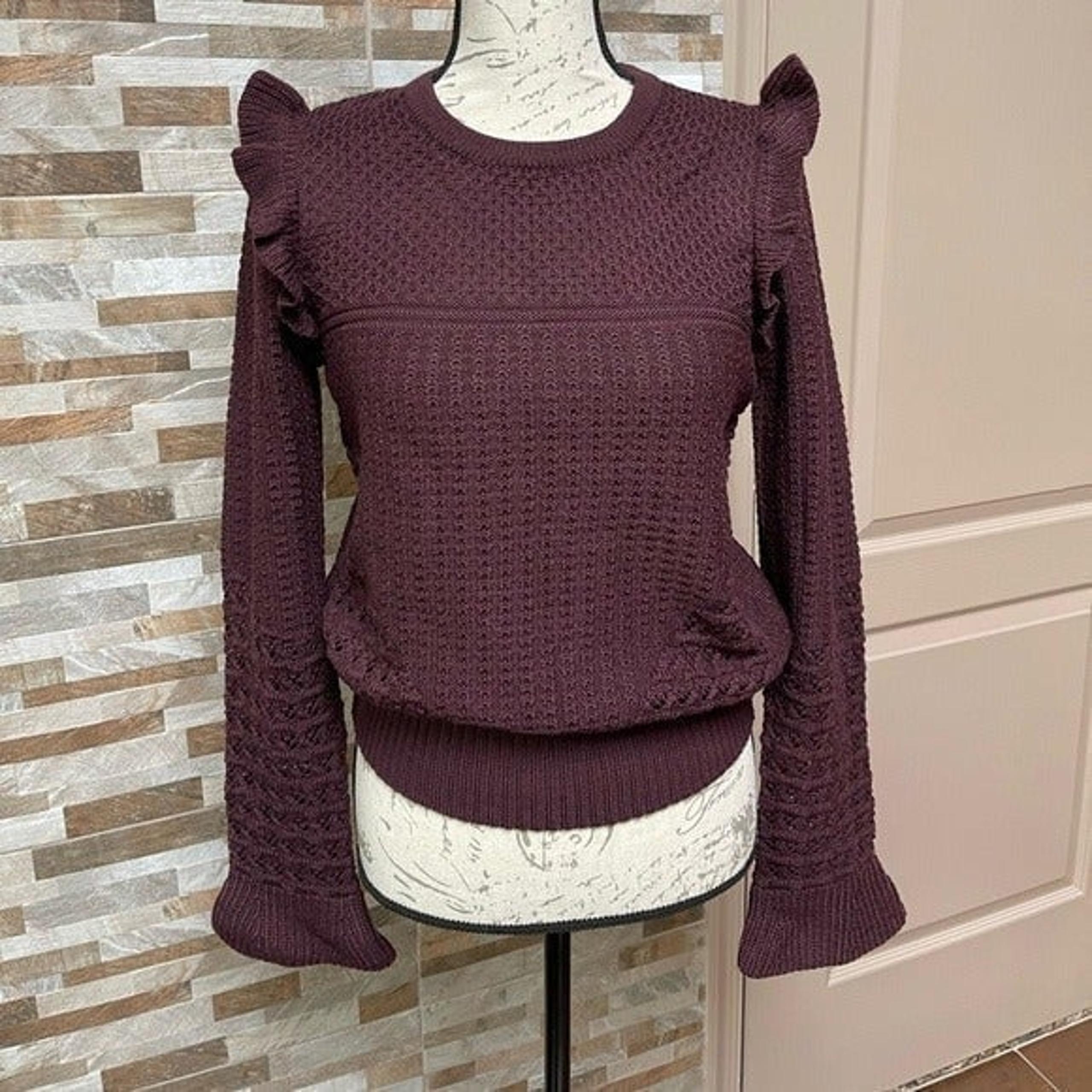 Cynthia Rowley Extrafine Merino Wool sweater w ruffles purple Sz S