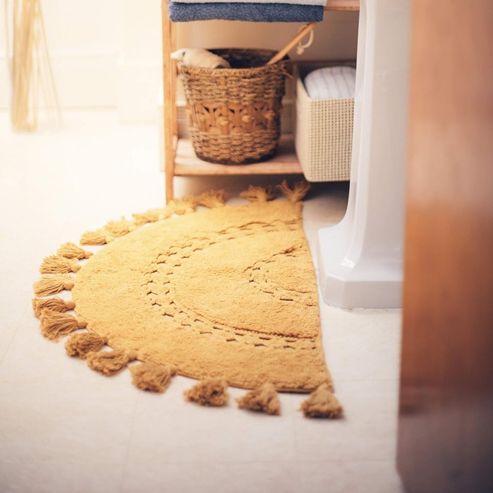 Bathroom Rug with Tassels & Crochet Insert Half Circle Bohemian 42x22