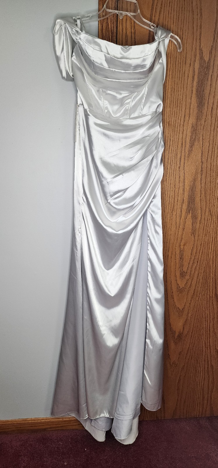 Silver off shoulder satin dress size 6 NWT