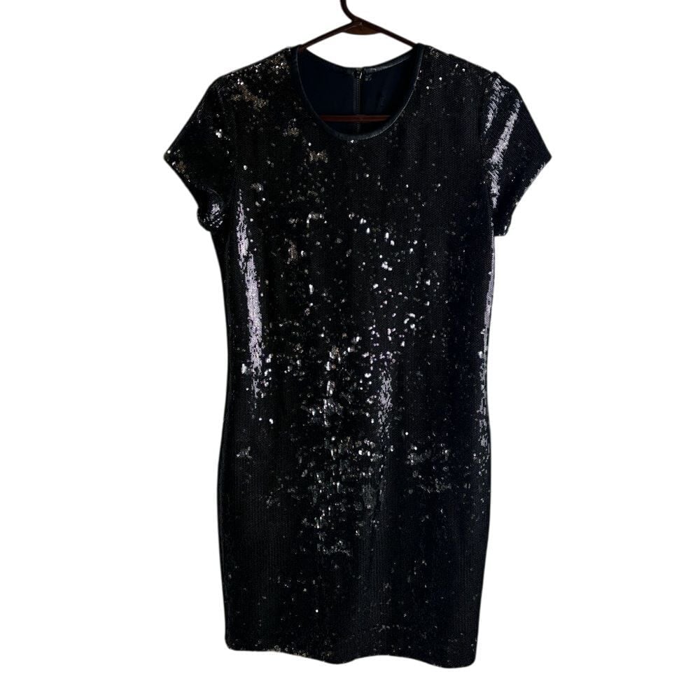Generation Love Donna Small Mini Dress Black Silver Metallic Sequin Leather Trim