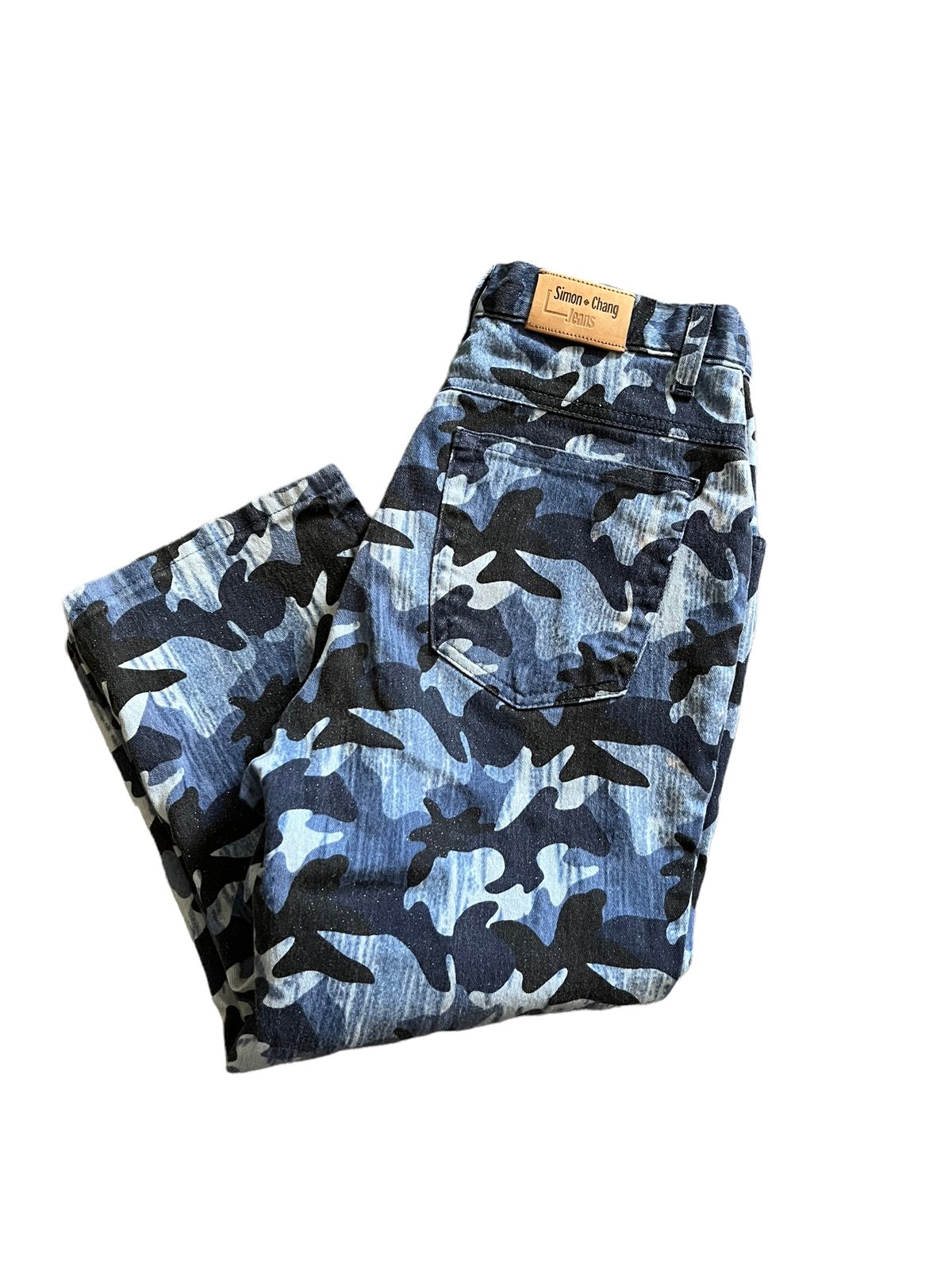 Simon Chang Y2K Blue Camo Metallic Print Hi Rise Cropped Jeans Sz 6