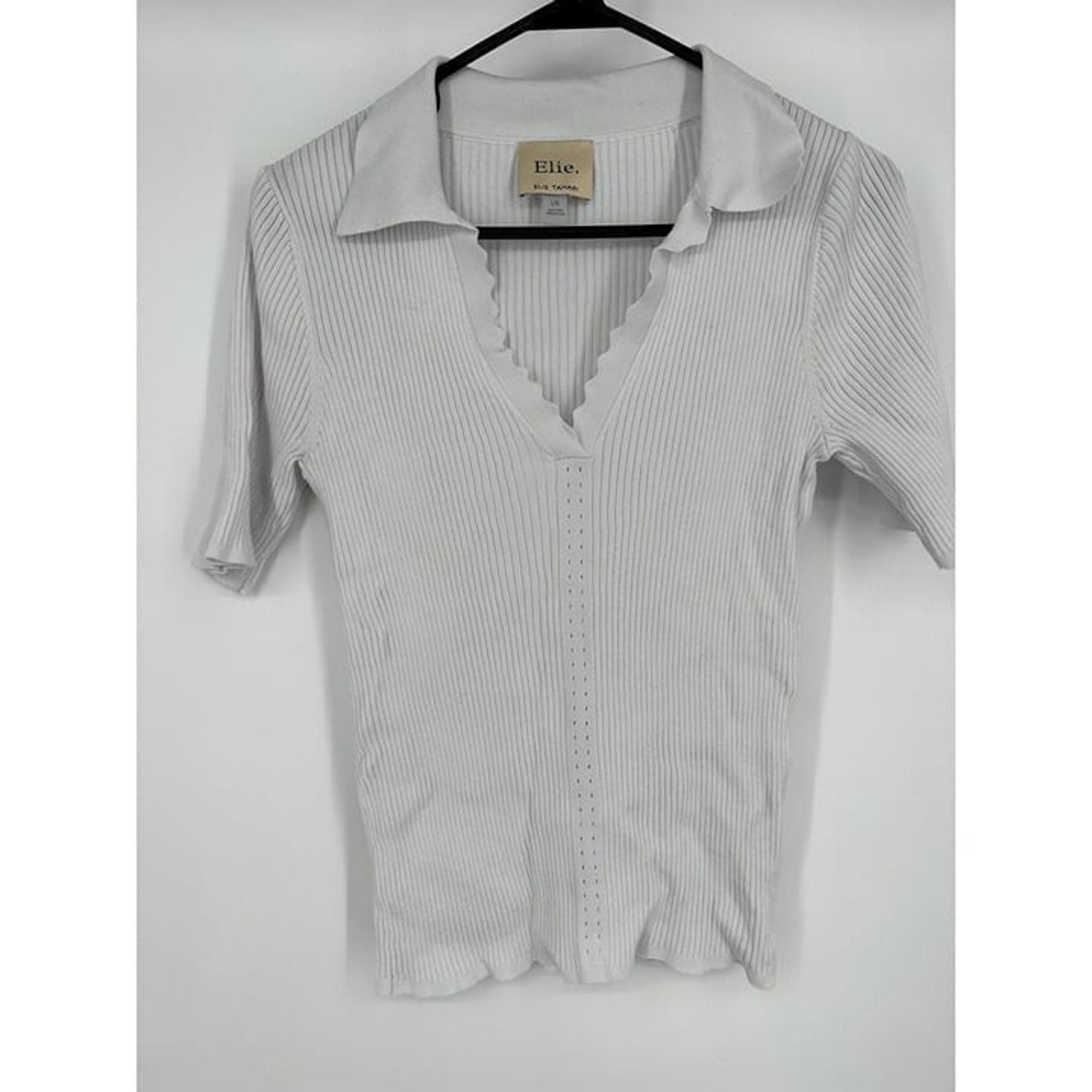 Elie Tahari White Scallop Edge Short Sleeve Top Size Large