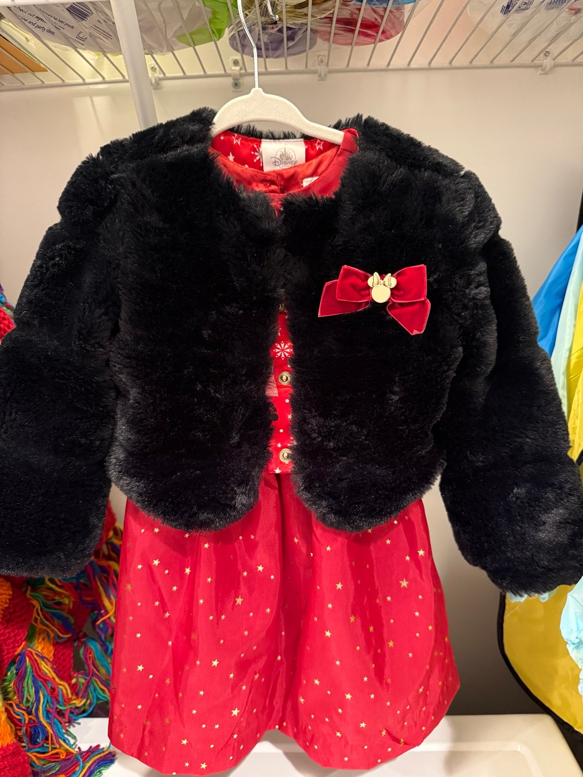 Disney Girls Red Holiday Minnie Mouse Embroidered Dress + fur jacket set size 2