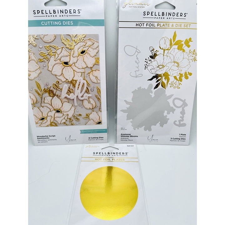 Spellbinders Glimmer Hot Foil Plate Die Cut 3 pc Lot Anemone Sentiments Circle