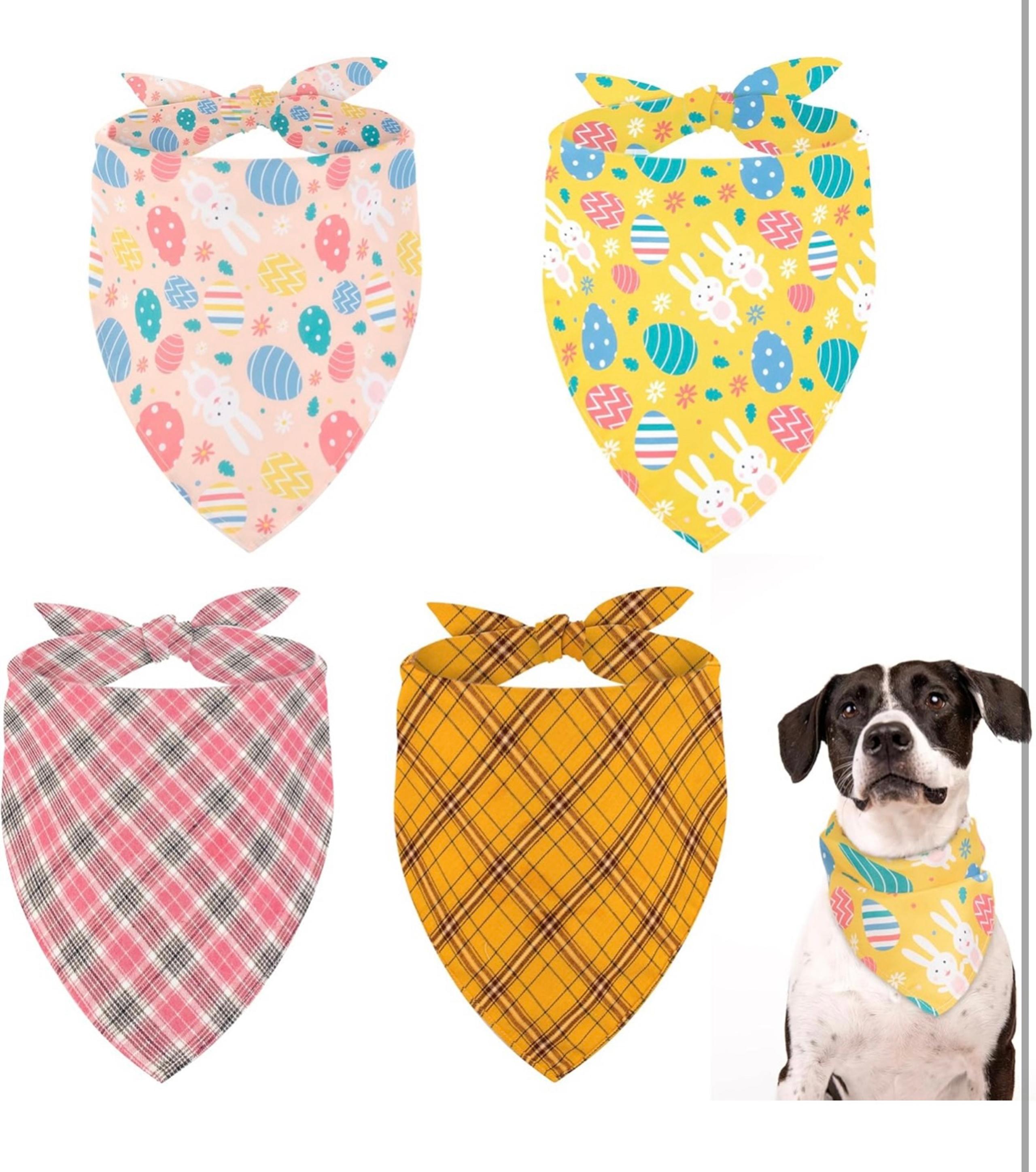 4-Pack Dog Bandanas Yellow and Pink Checkered Keffiyeh Cute Bunny and Eggs Print