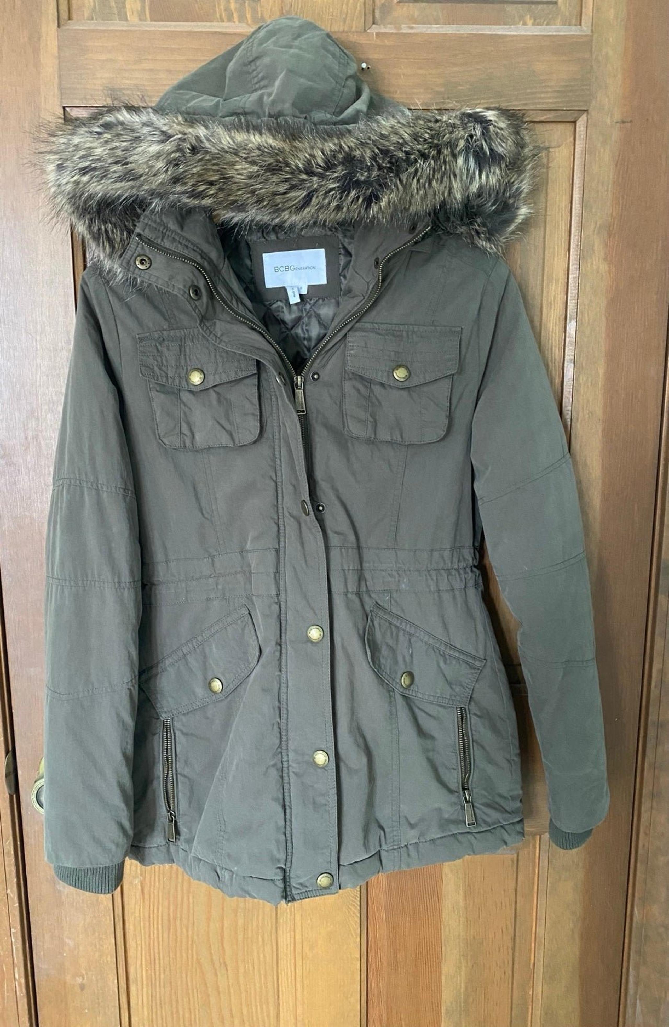 BCBGeneration Coat Womens Faux-Fur Trim Hooded  in Olive Green Size Small