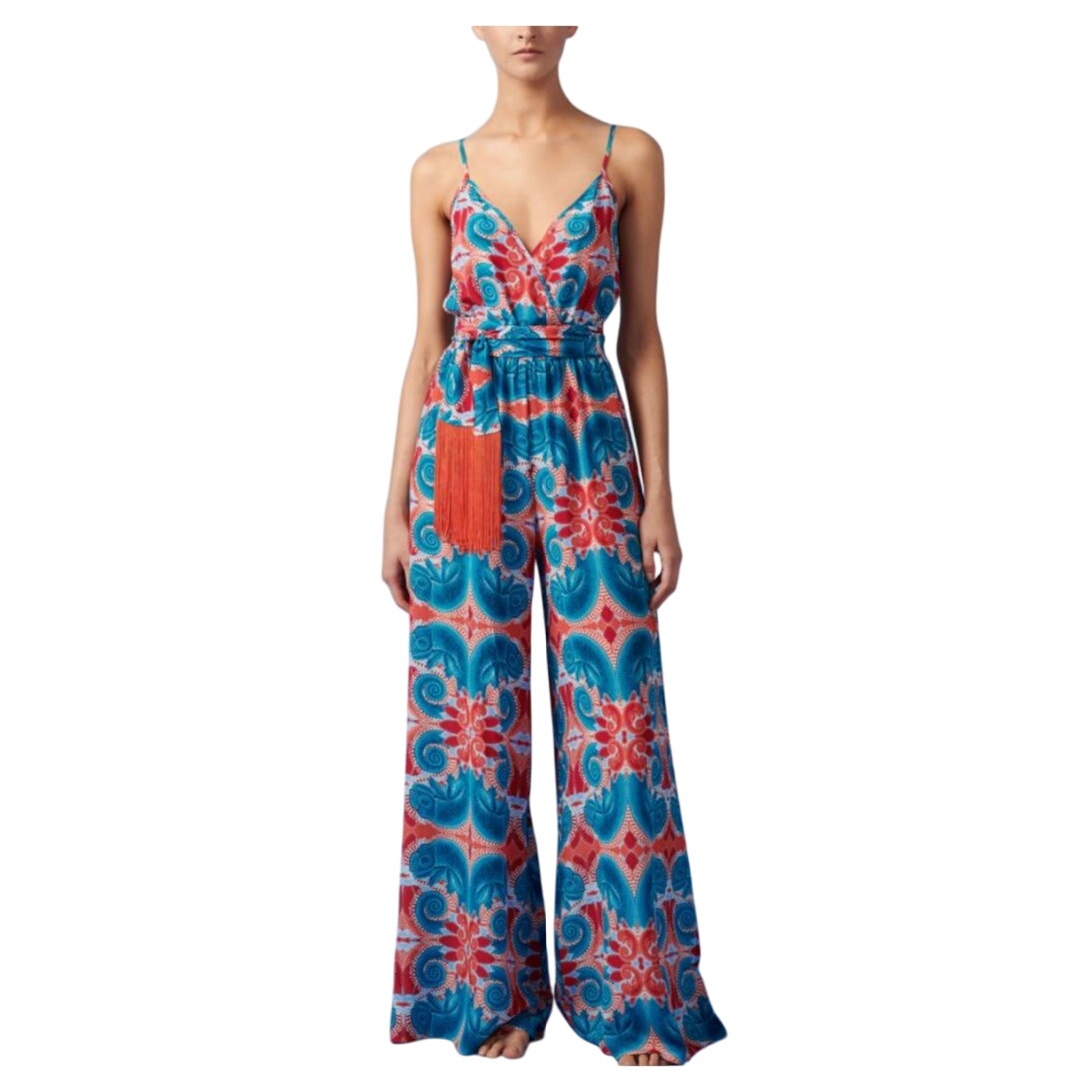 PAOLITA Zahur Silk V-neck Strappy Wide Leg Jumpsuit Small Tropical Turquoise