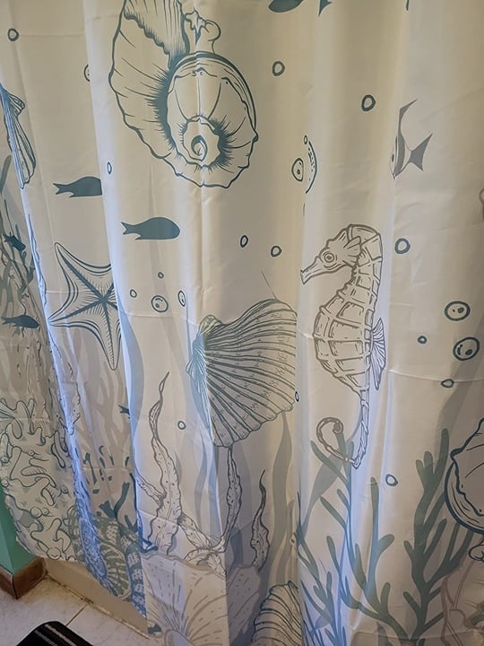 Nautical Coastal Shower Curtain, Coral Seashell Beach Shower Curtain + 12 Hooks