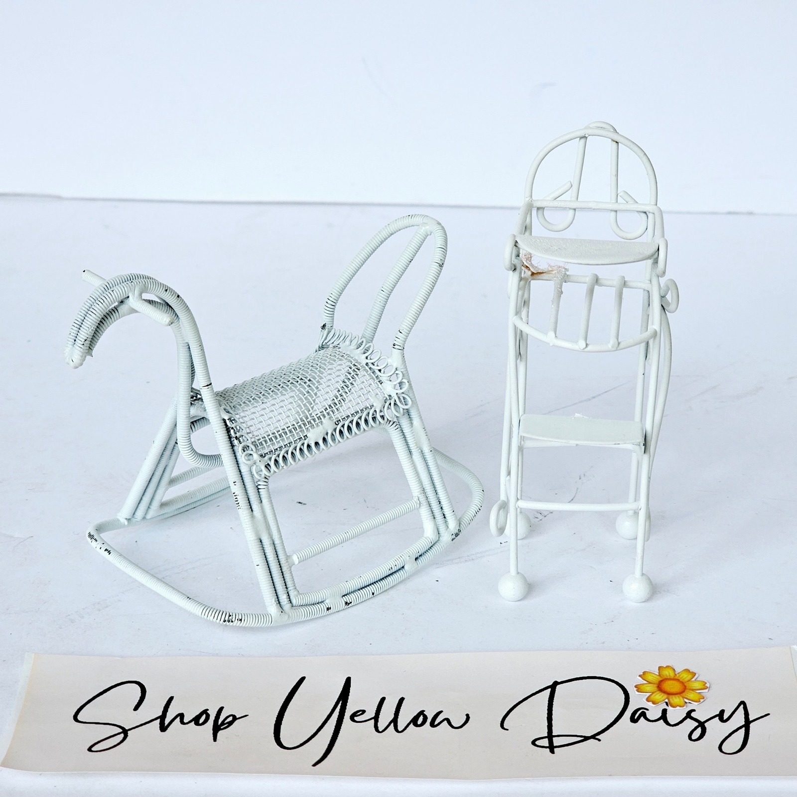 Vtg Dollhouse 1/12 Scale White Metal Wicker Rocking Horse High Chair - M847.1