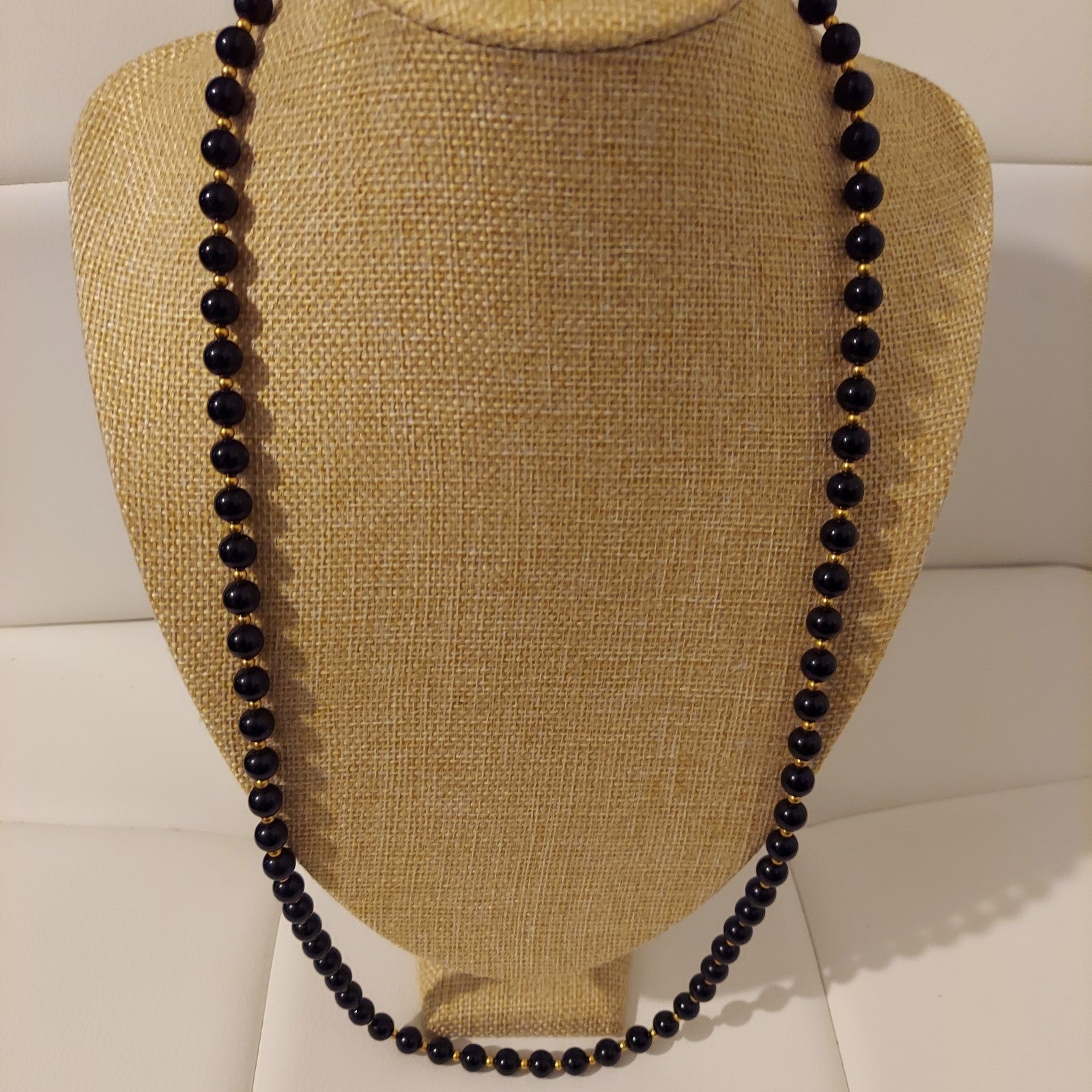 Vintage Monet with Patented Clasp Gold Tone and Black Beads 30 Necklace