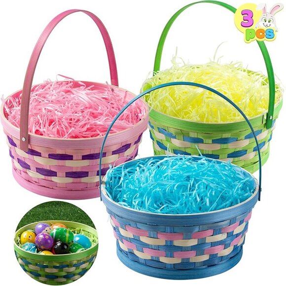 NEW 3 Pcs Easter Woven Basket with Tricolor Grass Paper Shred