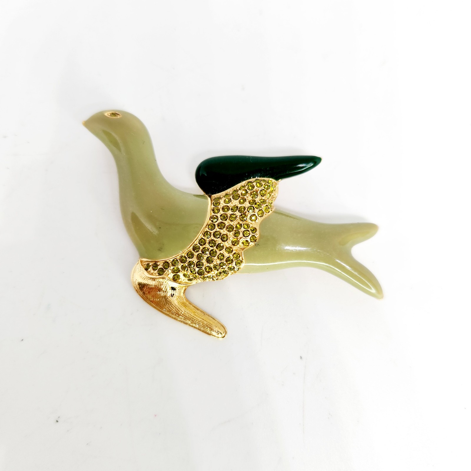Vintage Guy Laroche Signed Brooch Dove Bird Seal? Green Enamel Crystals Goldtone