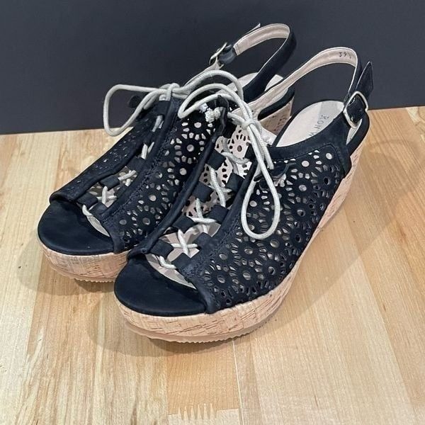 Ron White Black Lace-Up Wedge Cork Sandals