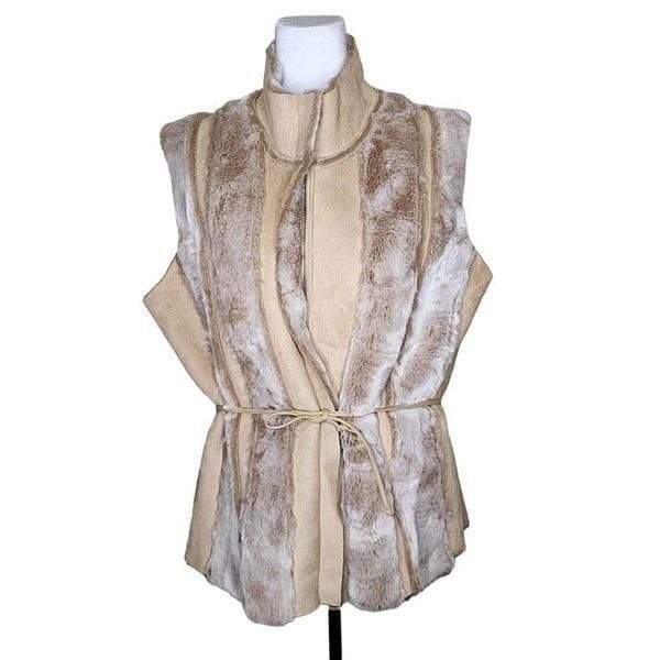 Waist Tied Faux Fur Vest Womens Size XL Camel Beige Festival Boho