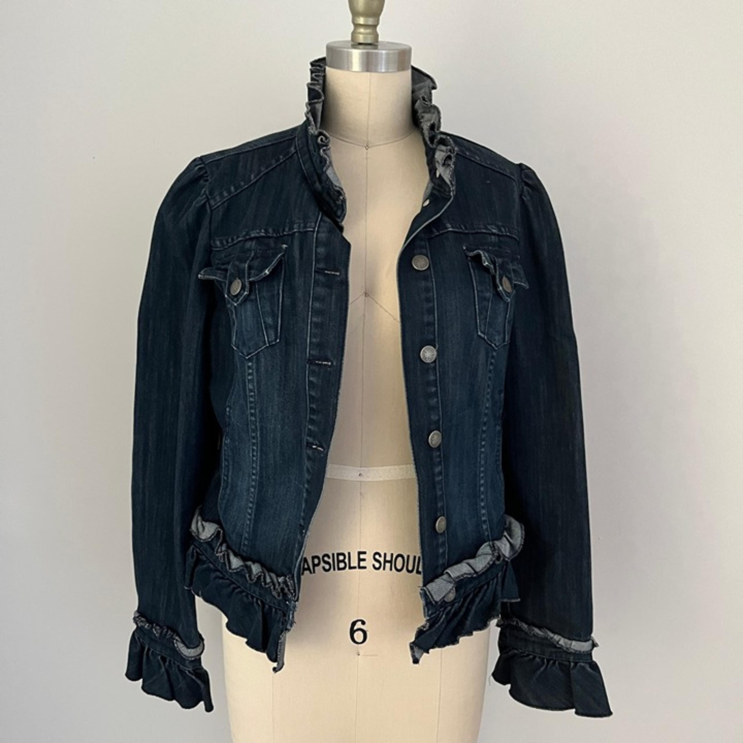 INC International Concepts Women's M Dark Denim Jean Jacket Ruffles Stretch