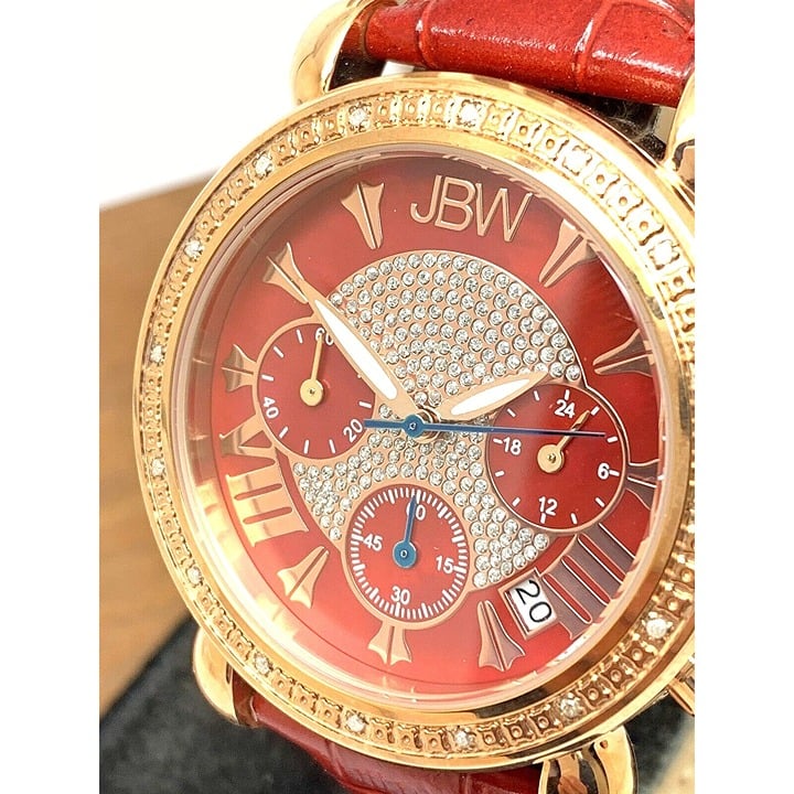 JBW Women's Watch JB6210LW Diamond Quartz Chronograph Rose Gold Red Leather Band