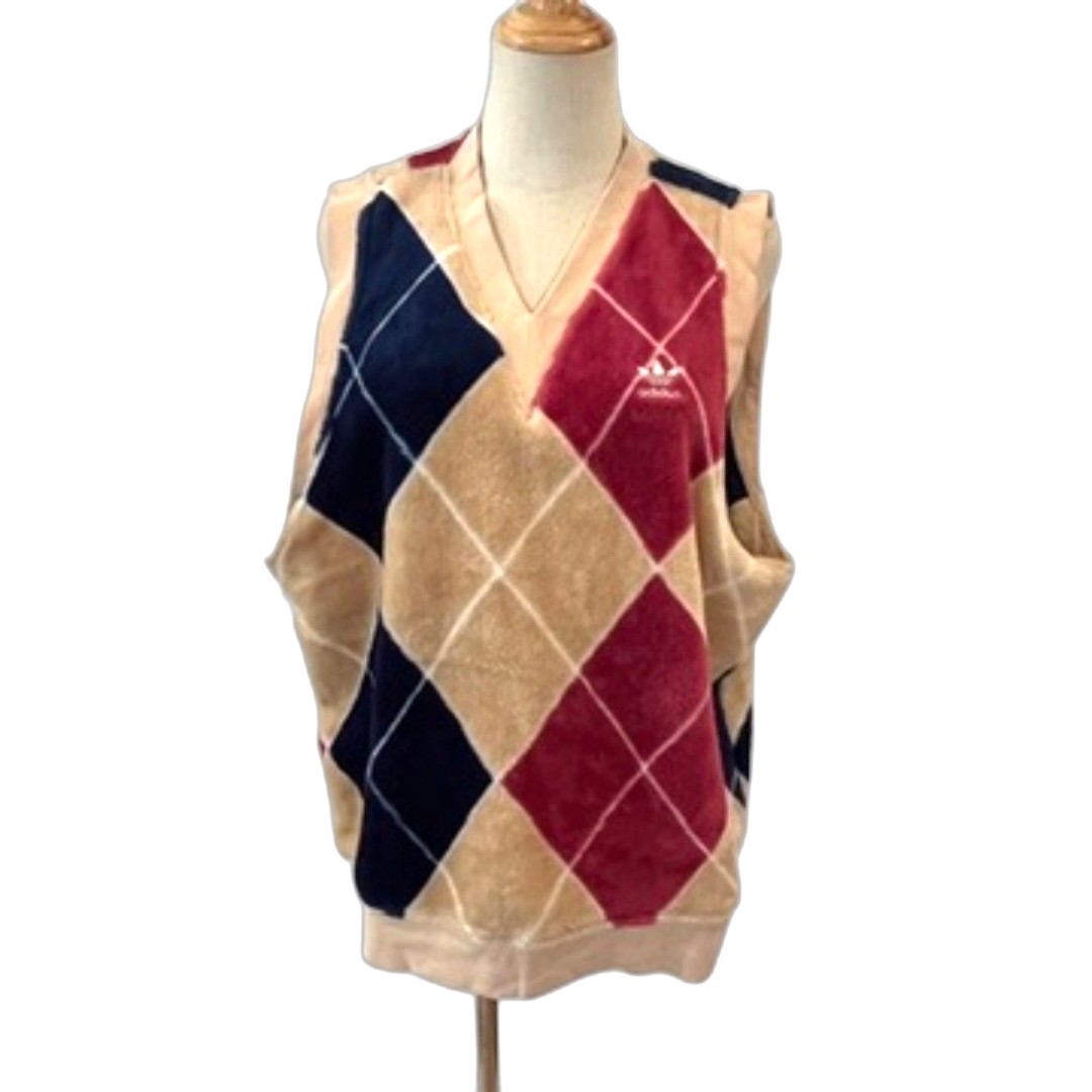 Adidas Faux Fur Argyle Vest NEW NWT Medium Tan Blue Trefoil V-Neck