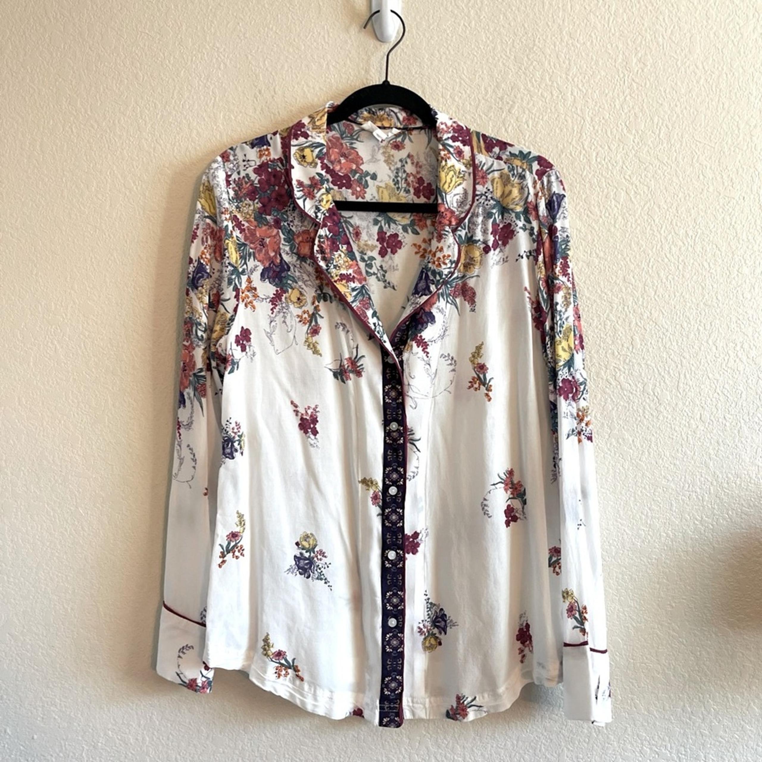 Anthropologie Floreat White Multicolor Floral Button Up Pajama Top Womens Large