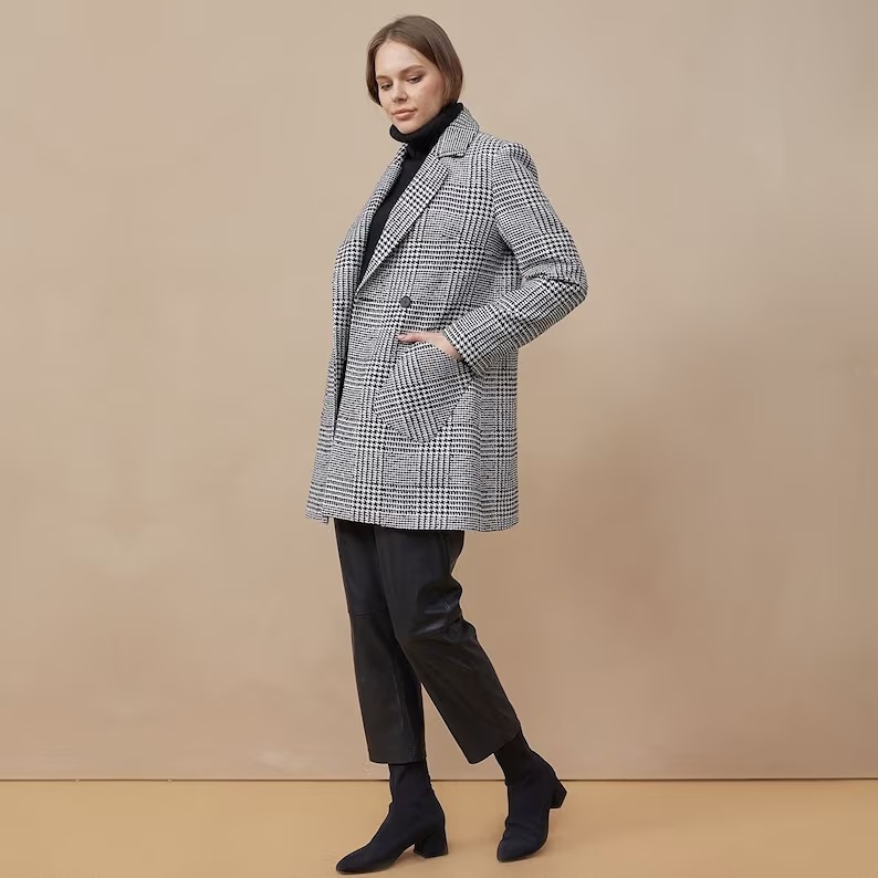 Woman's Cachet Jacket, Long Blazer, Black and White Coat, size:m