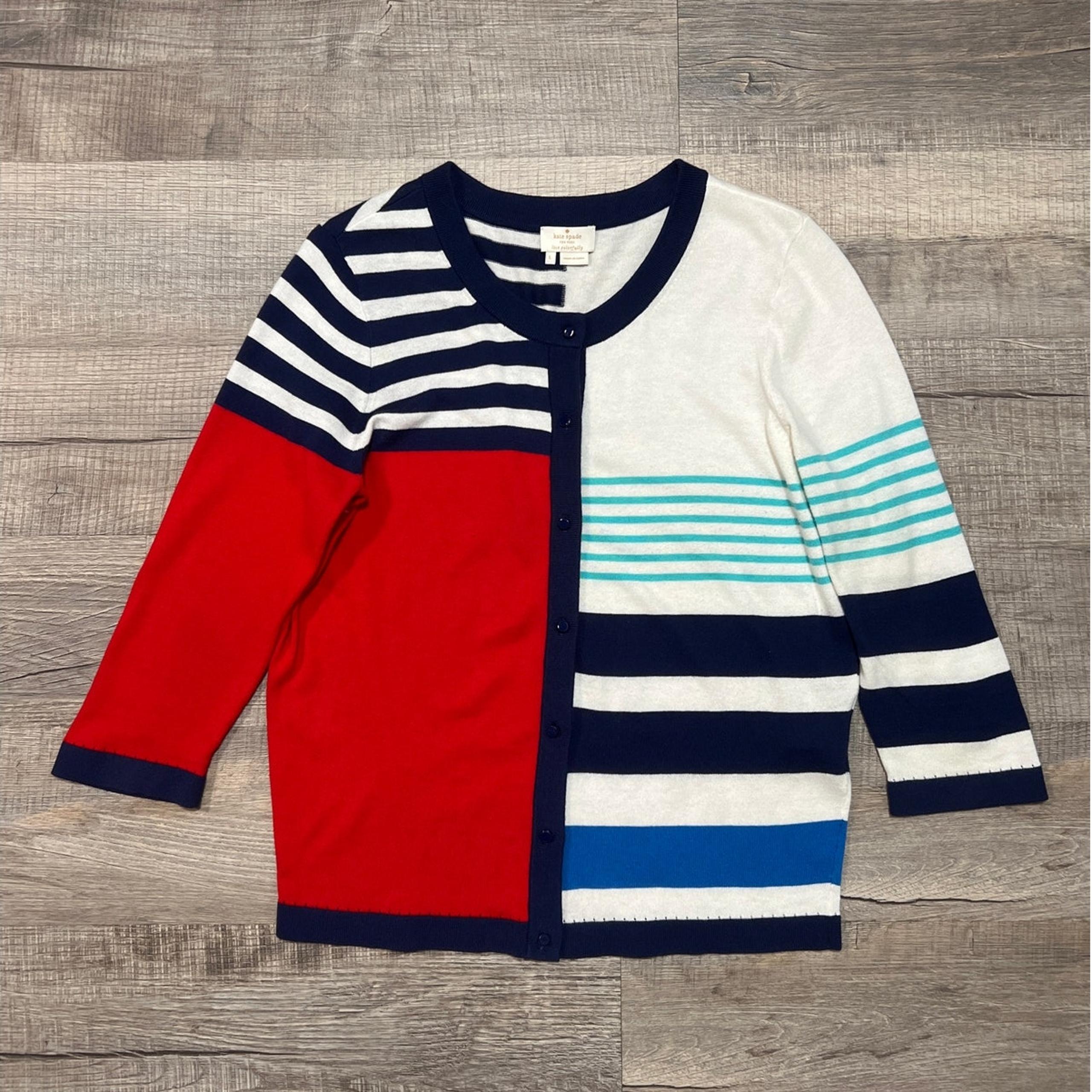 Cotton Cashmere Cardigan Sweater Large Stripe Color Block Tennis Prep - Kate Spade