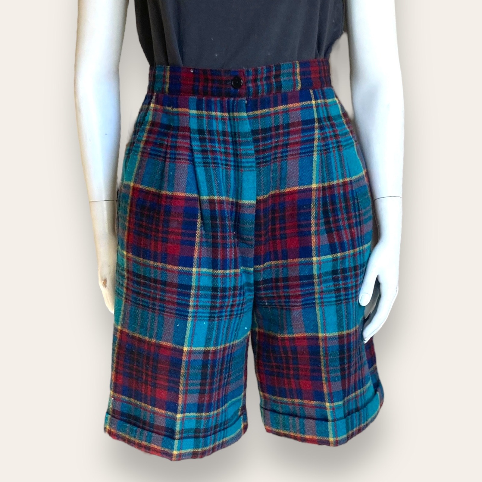 union made wool madras high waisted plaid women’s shorts sz: 4