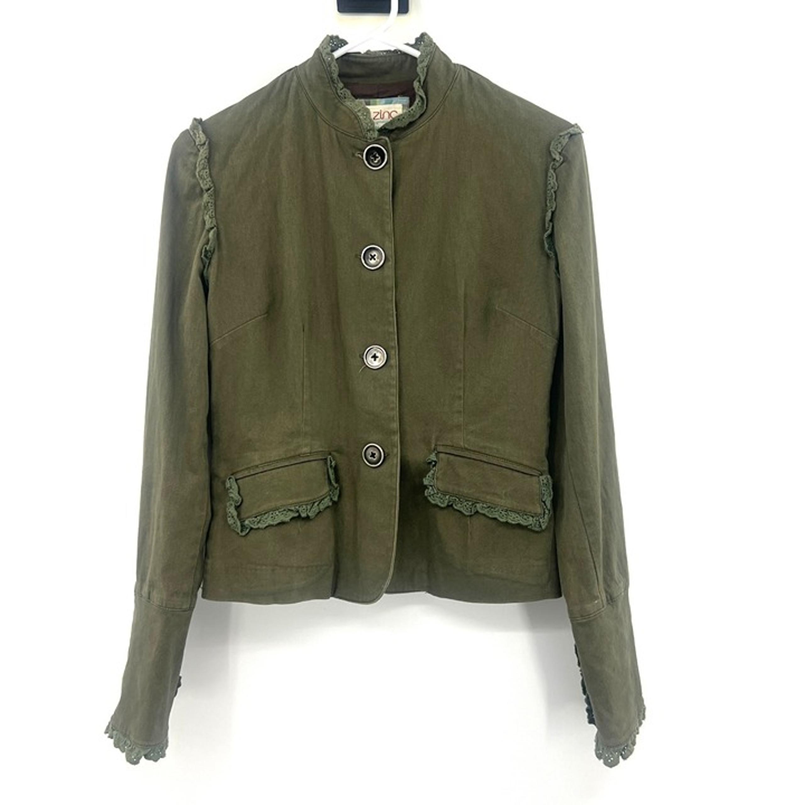Zinc Olive Green Ruffle Trim Military Blazer Jacket Women's Medium