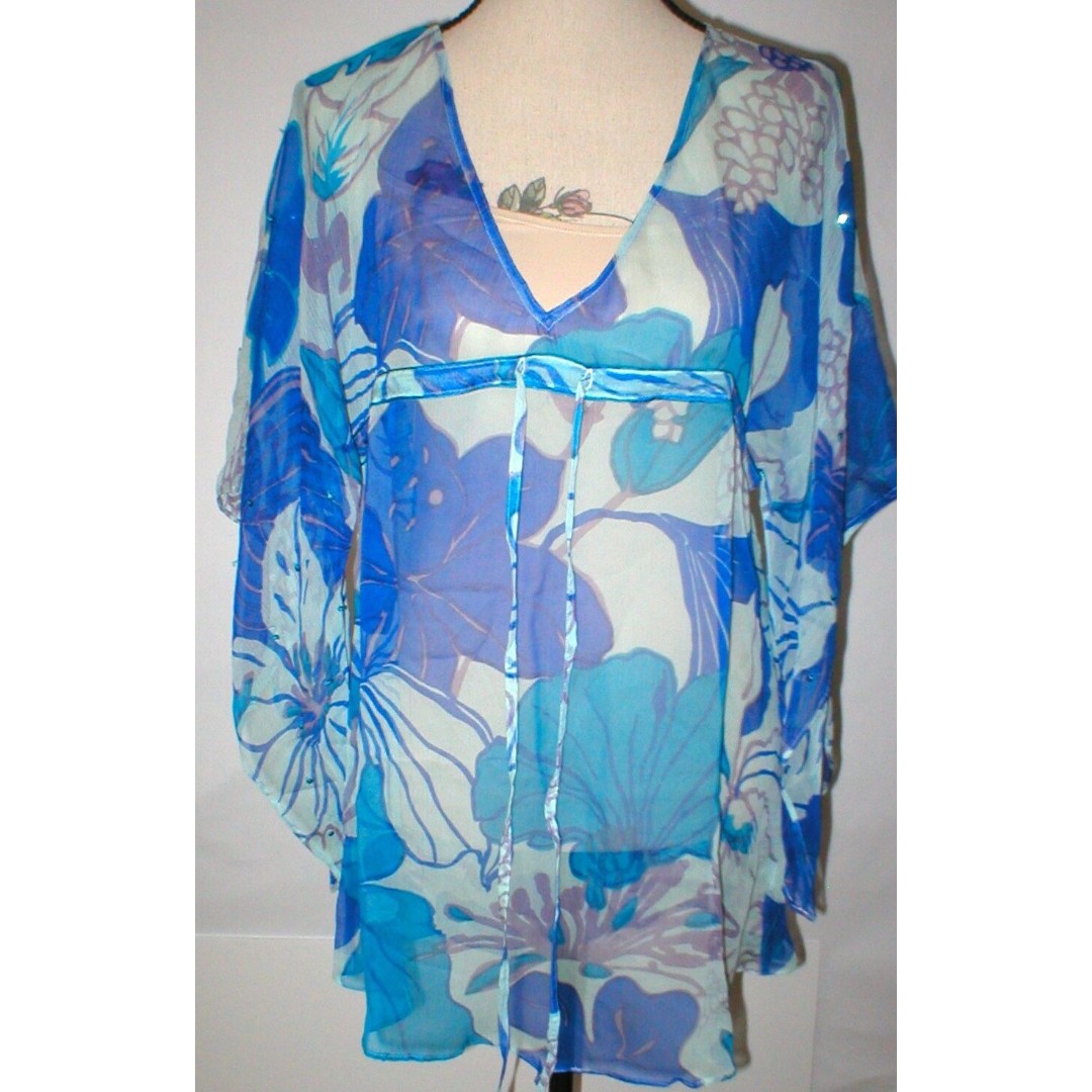 NWT New Silk Tunic Top Womens Antik Batik M Blue Purple Swim Sheer Cover Up Sequ