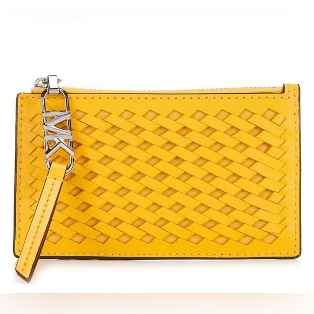 Michael Kors Empire Small Silver Hardware Woven Leather Yellow Card Case