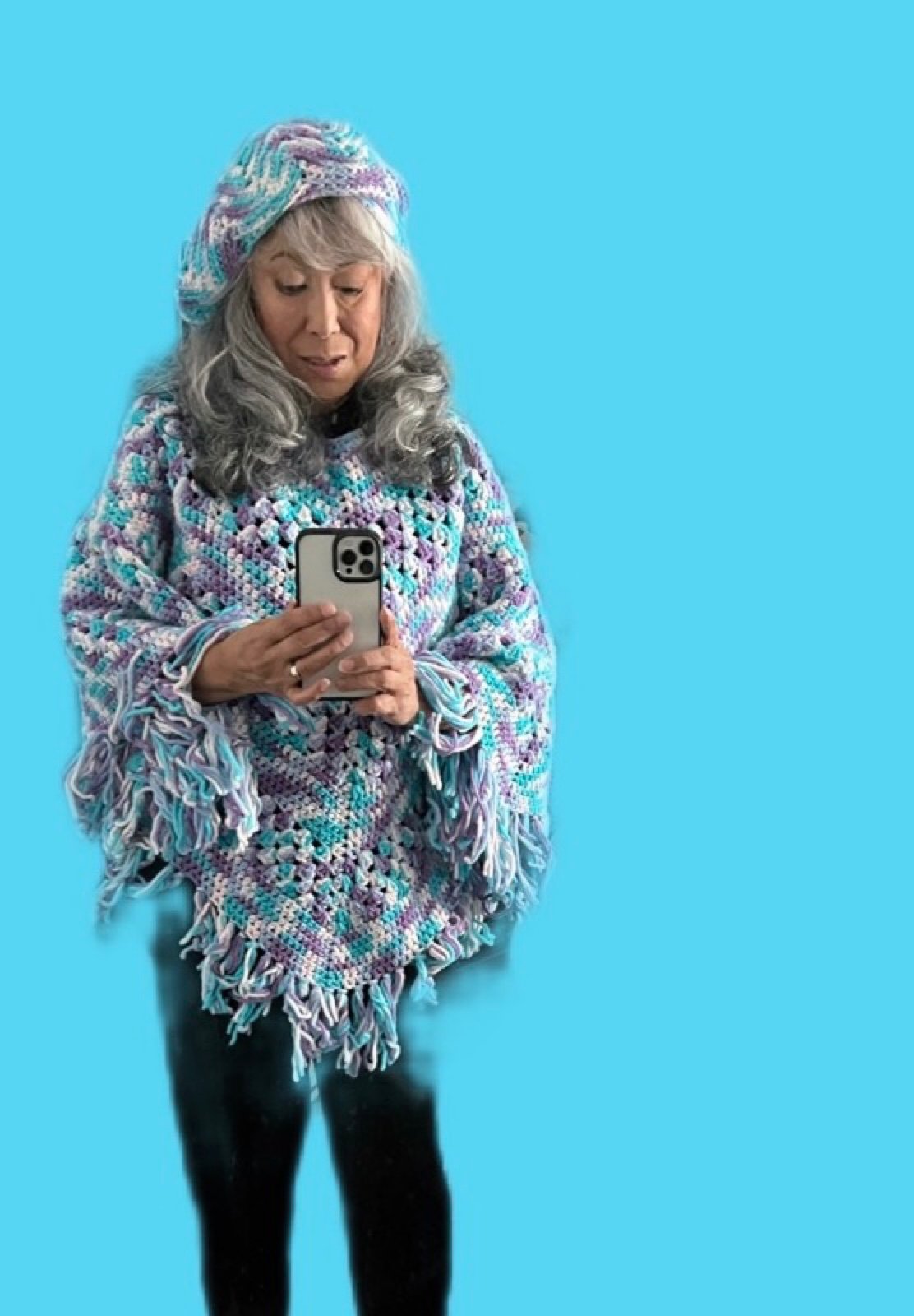 Boho Handmade Free Spirit People Fringed Poncho with Matching Beret Hat NEW