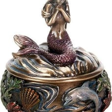 Mermaid Fantasy Resin Jewelry Trinket Box 3.25 Inch Tall Faux Bronze