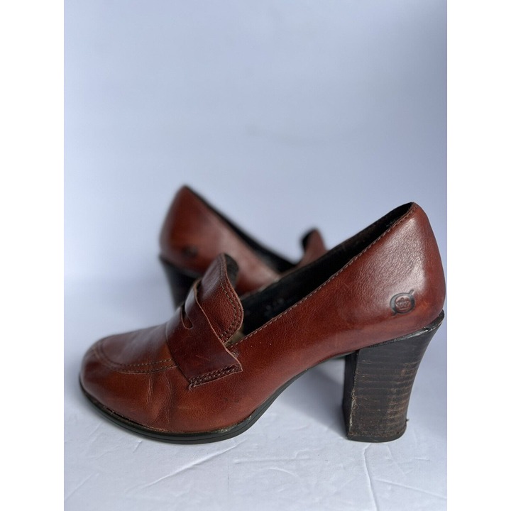 Born Penny Loafer Shoes 3 High Heels, Pumps Brown Leather~Size 8