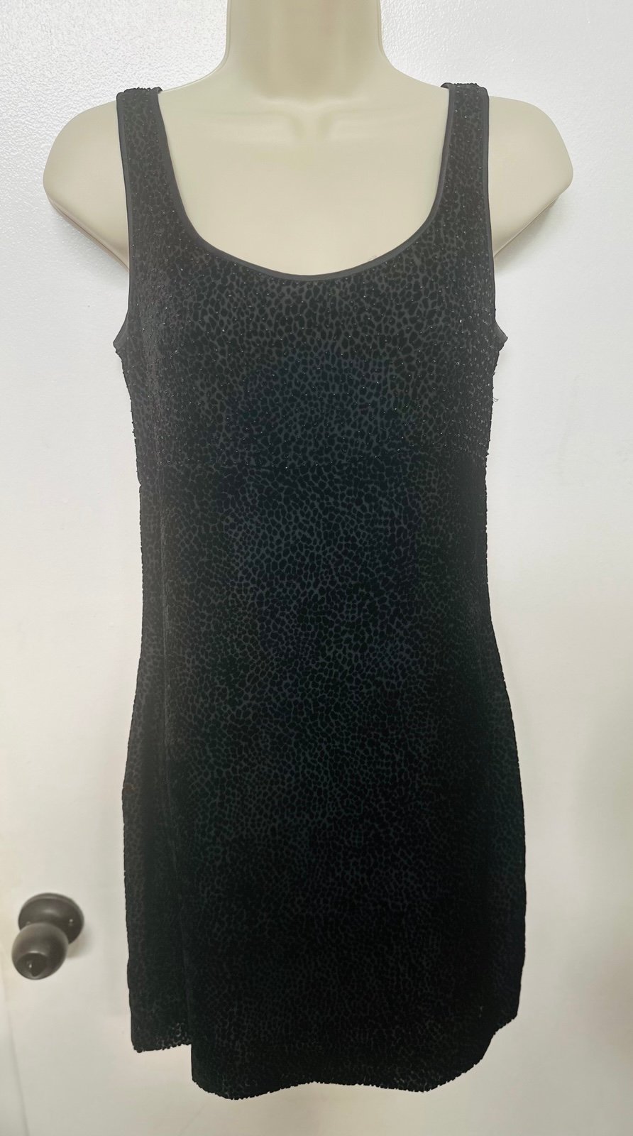 Vintage Black Mini Leopard Spot Beaded Sheath Dress Size XS Ptp 15 in. Across