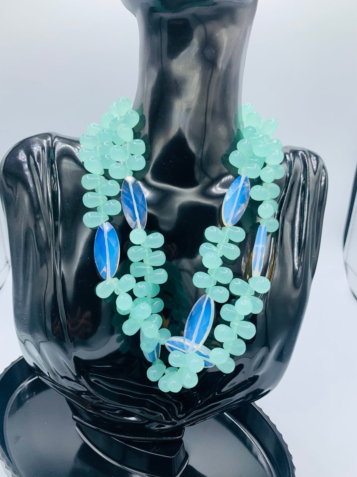 Vintage Aqua Chalcedony Teardrop & Faceted Opalite Beads 2 Strand Necklace, 16”