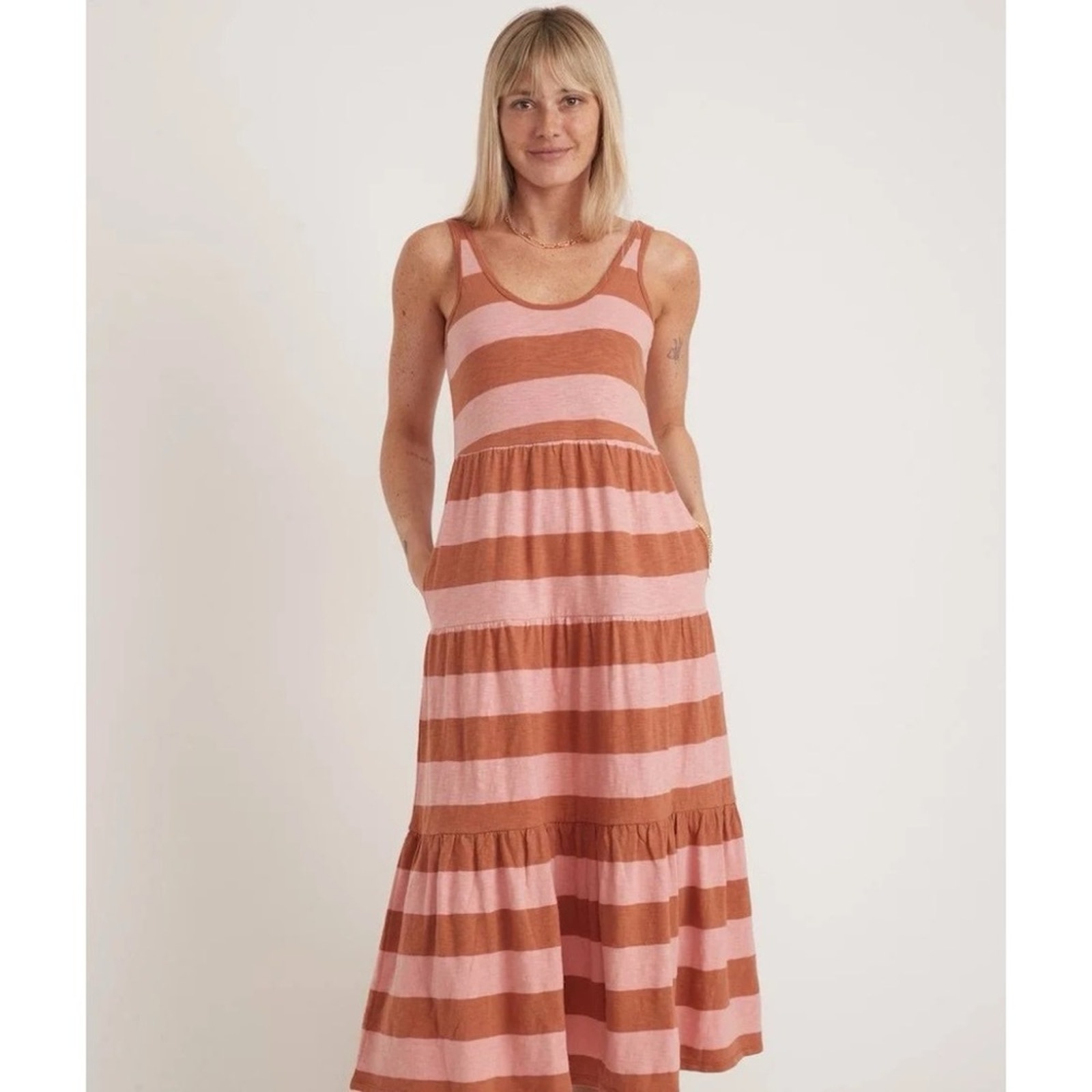 Marine Layer Emma Tiered Maxi Dress Pink Rosette/Sierra Stripe Women's Large 98
