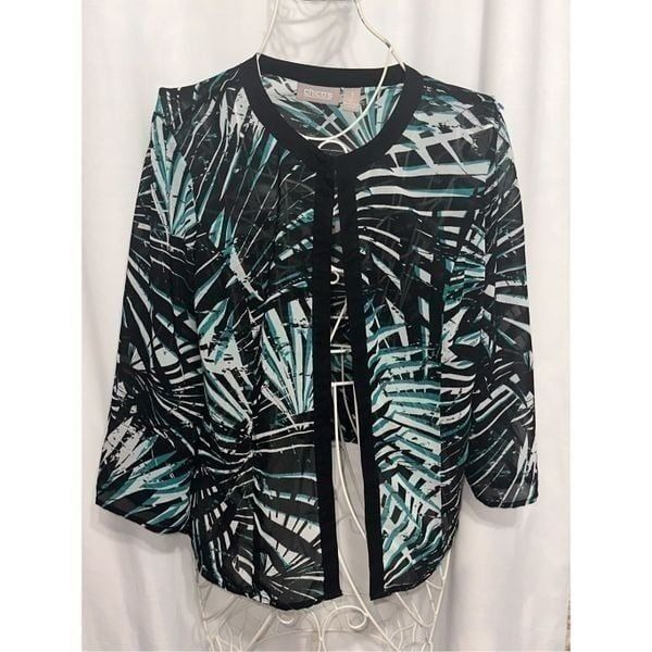 GREAT CONDITION WOMEN Chicos Sz 1 (small) Sheer Palm Leaf Green & black cardiga
