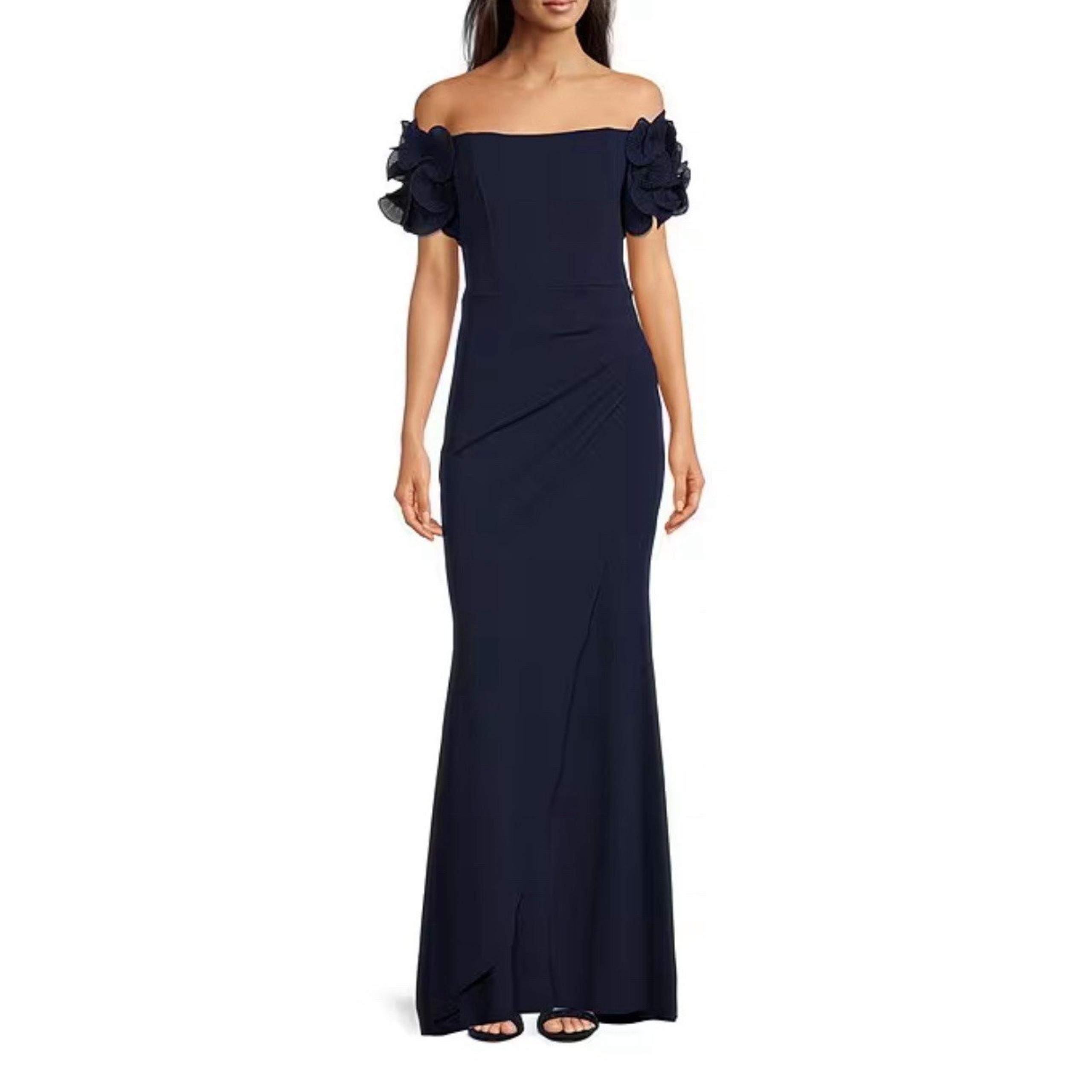 XSCAPE NAVY ROSETTE OFF THE SHOULDER RUFFLE SLEEVE RUCHED WAIST GOWN SIZE 14