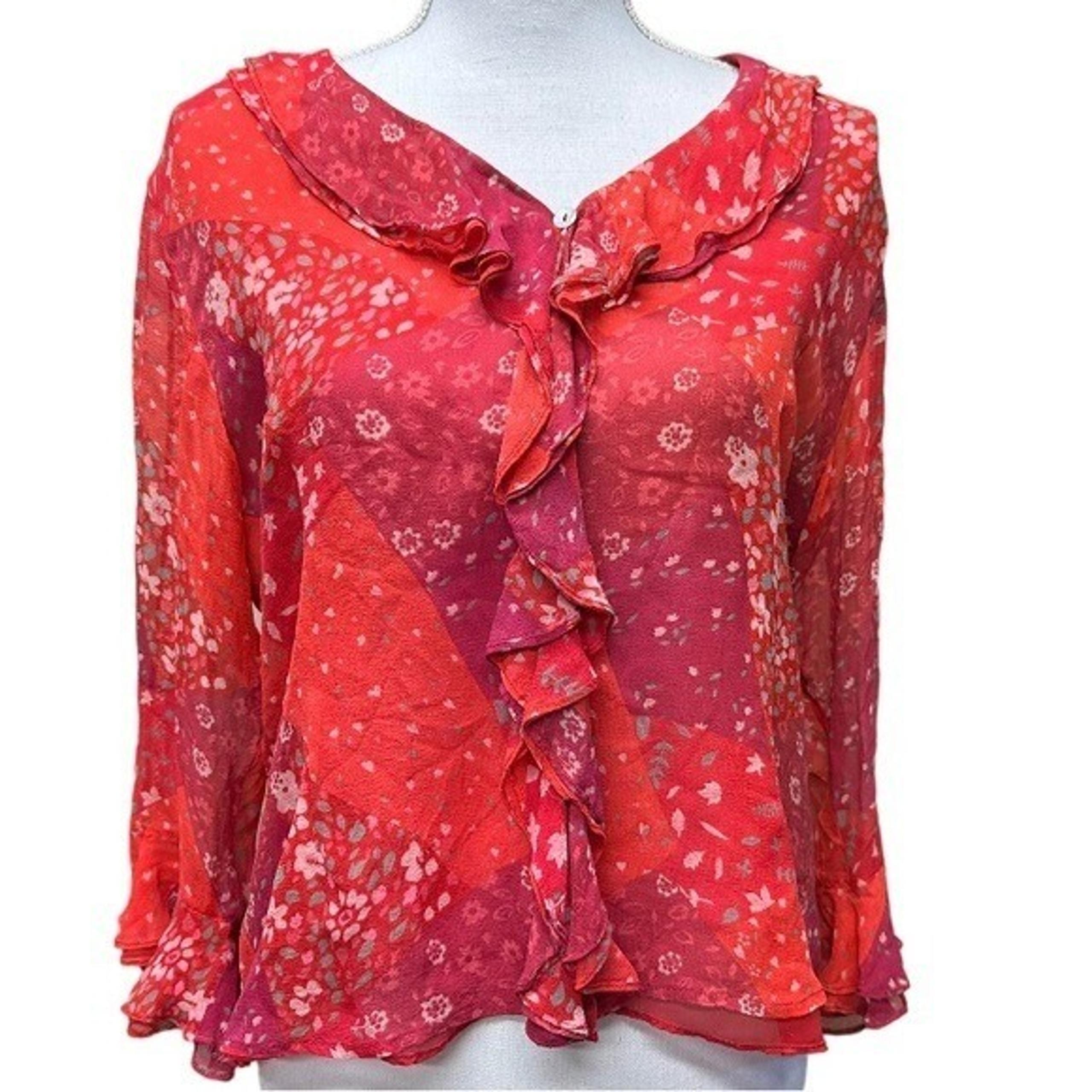Edward Vibrant Red Ruffle Floral 100% Silk Blouse With Crochet Detail Size L