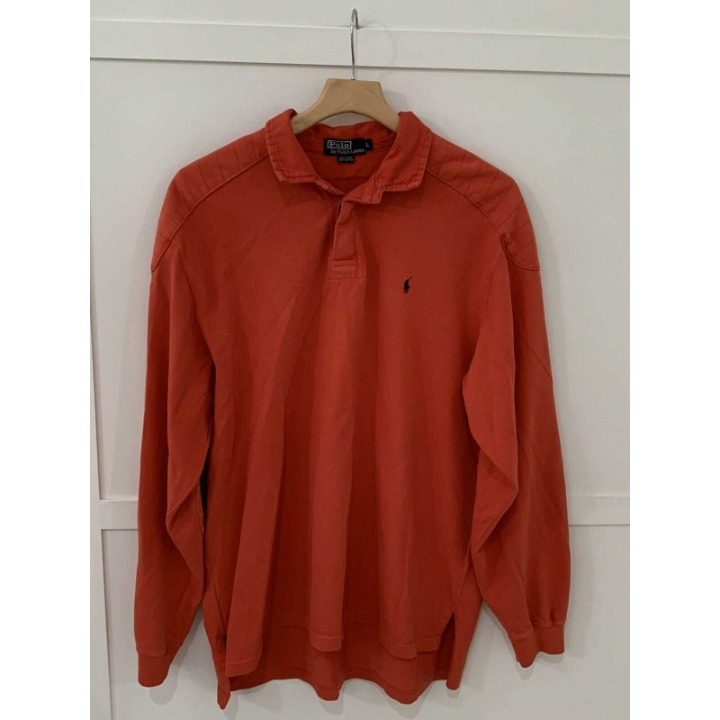 Mens Polo Ralph Lauren Rugby Shirt Sz L Orange Elbow Patches GUC