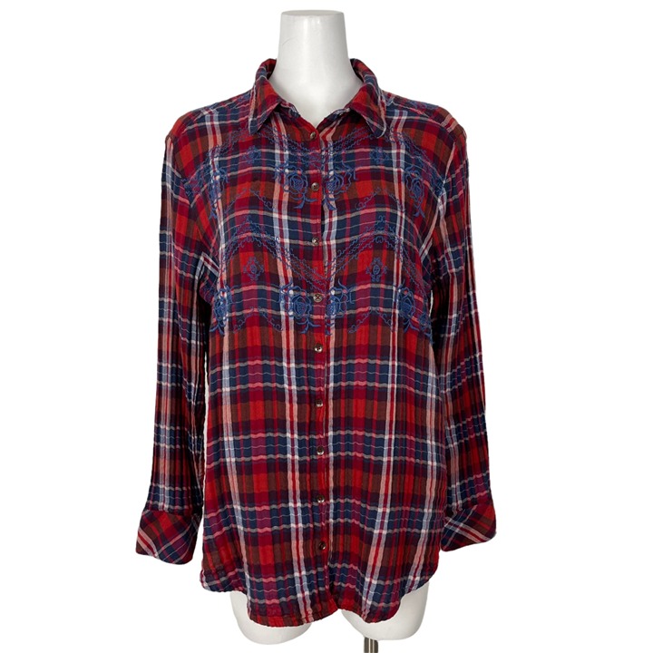 Free People Magical Plaid Button Down Shirt S Red Blue Plaid Embroidered