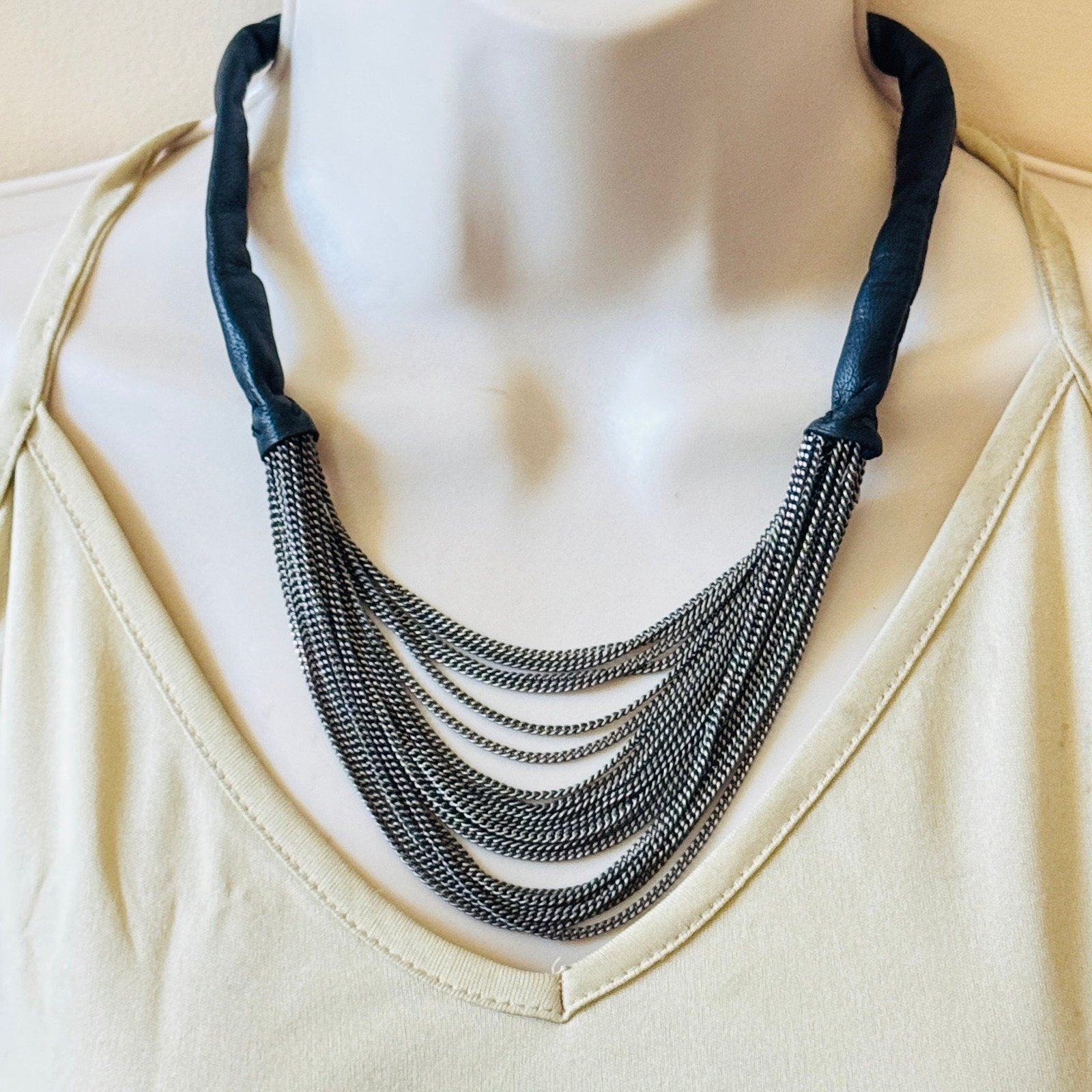Sandrine De Montard Necklace multi silver Chain leather Collar Rare Signed Spain