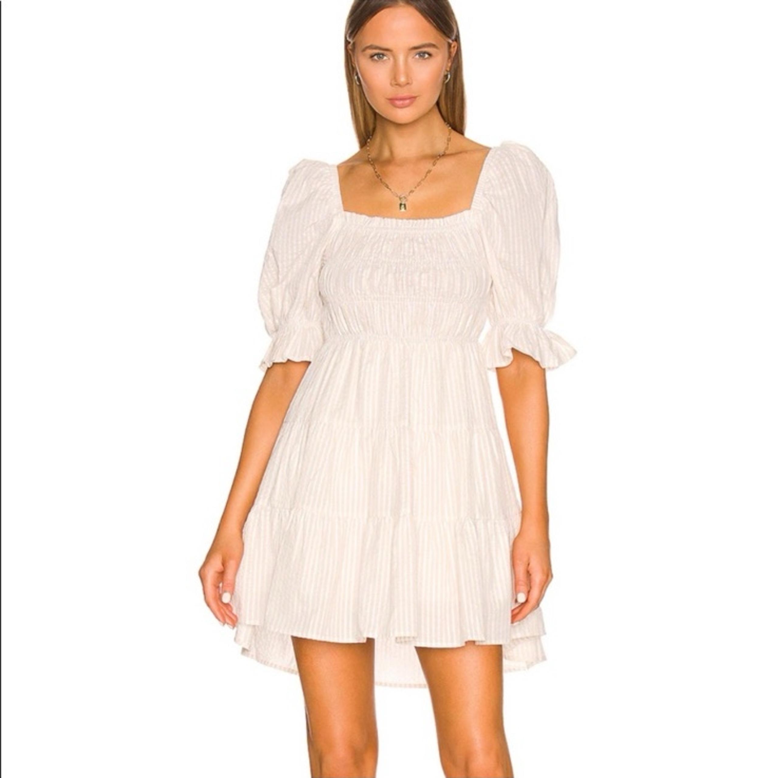 MINKPINK Beige & White Striped Lune Puff Sleeve Mini Dress S