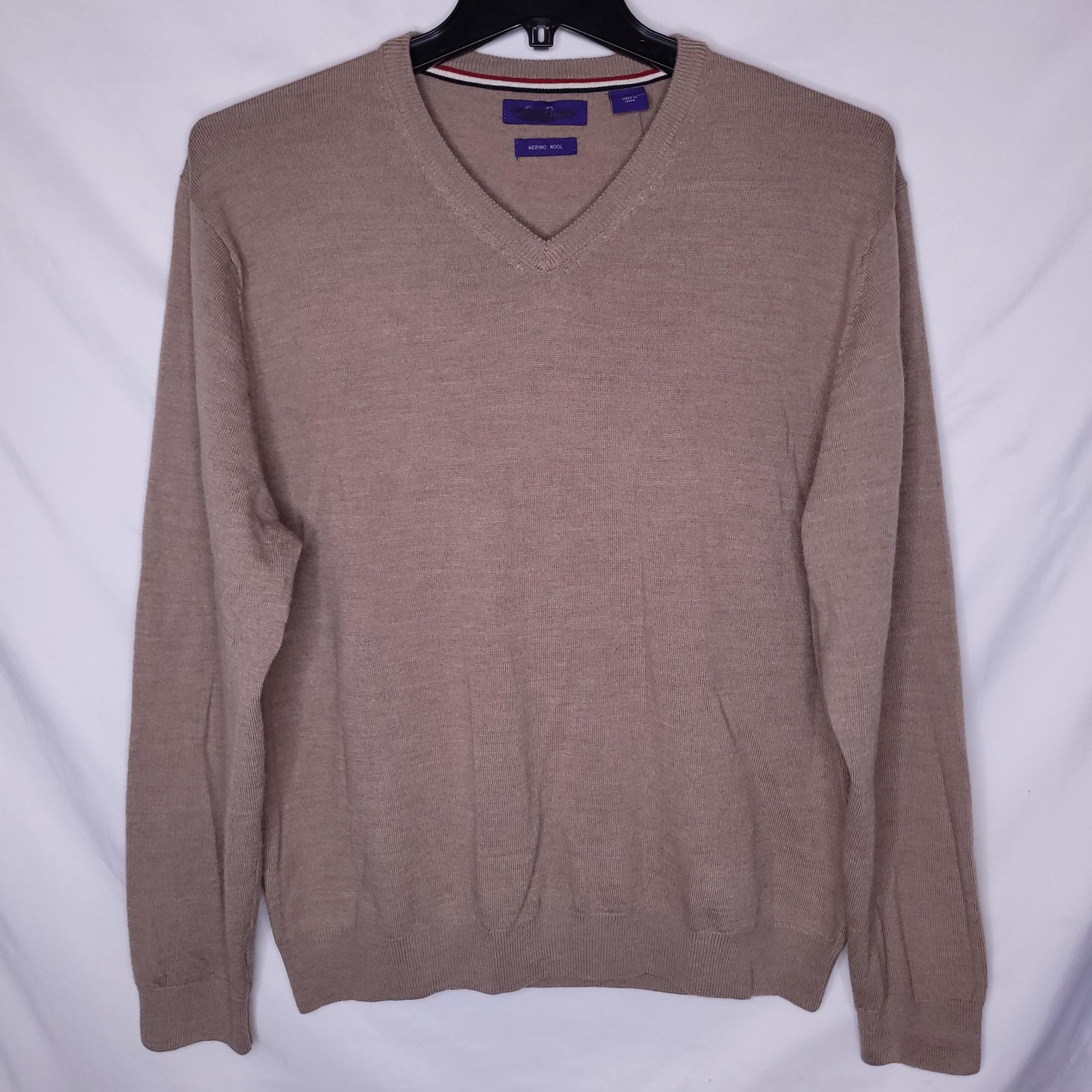 Alan Flusser Sweater Mens Large Brown Merino Wool V Neck Pullover