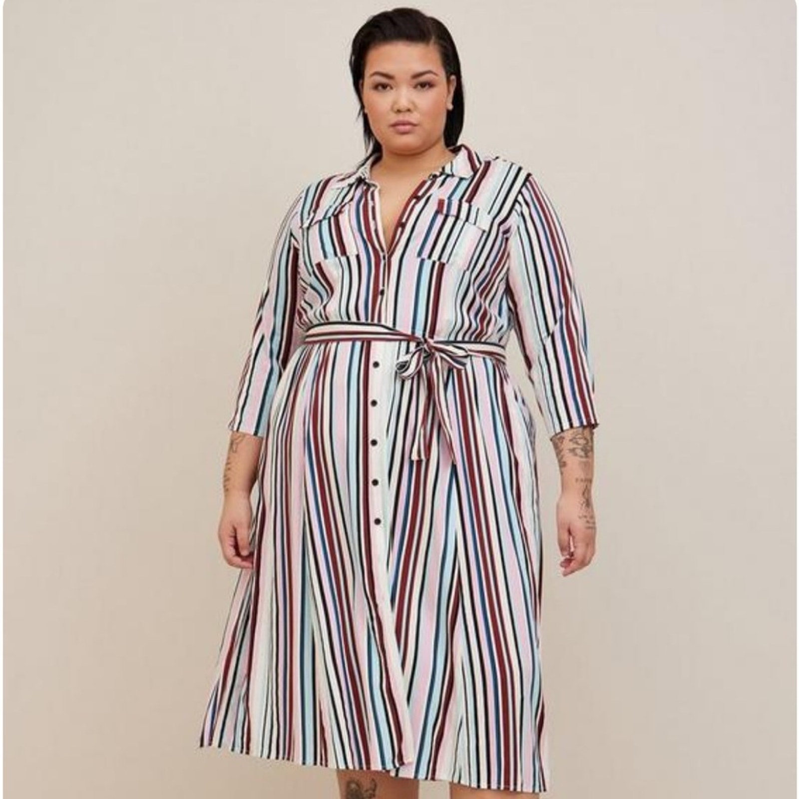 Torrid Midi Stretch Challis Button Front Shirt Dress Multi Stripe
