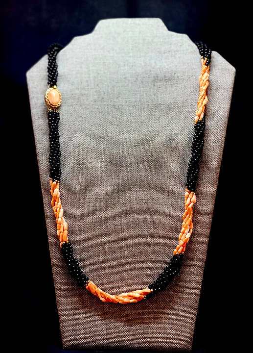 Vintage & Handmade Twisted Pink Coral & Black Onyx Statement Necklace