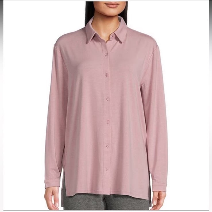 NWT Eileen Fisher Stretch Jersey Knit Point Collar Long Sleeve ButtonFront Shirt