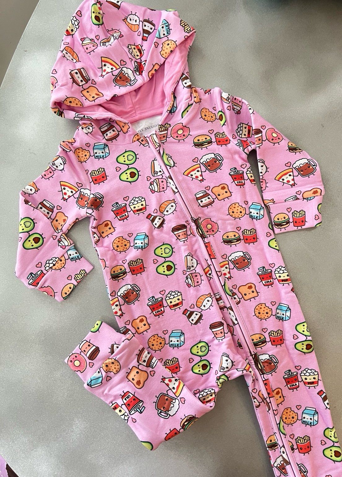 NWT French Terry Hooded Romper Best Friends Foodie 12/18 mos Bamboo Charlies