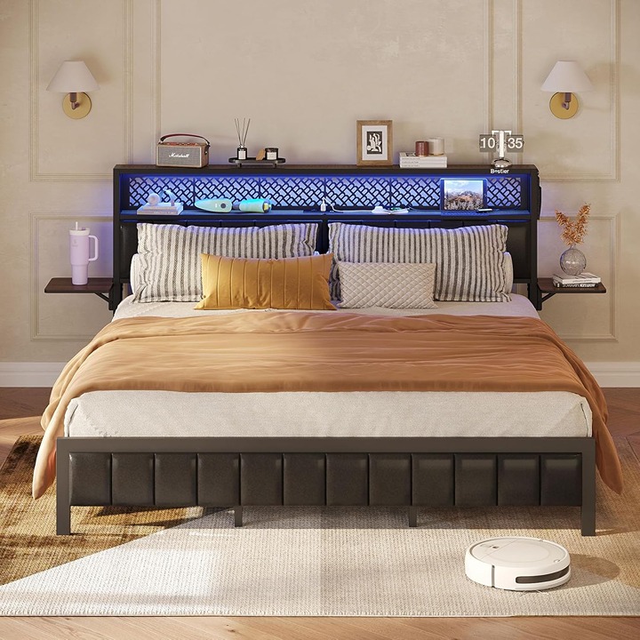 King Bed Frame with Upholstered Headboard and Charging Station