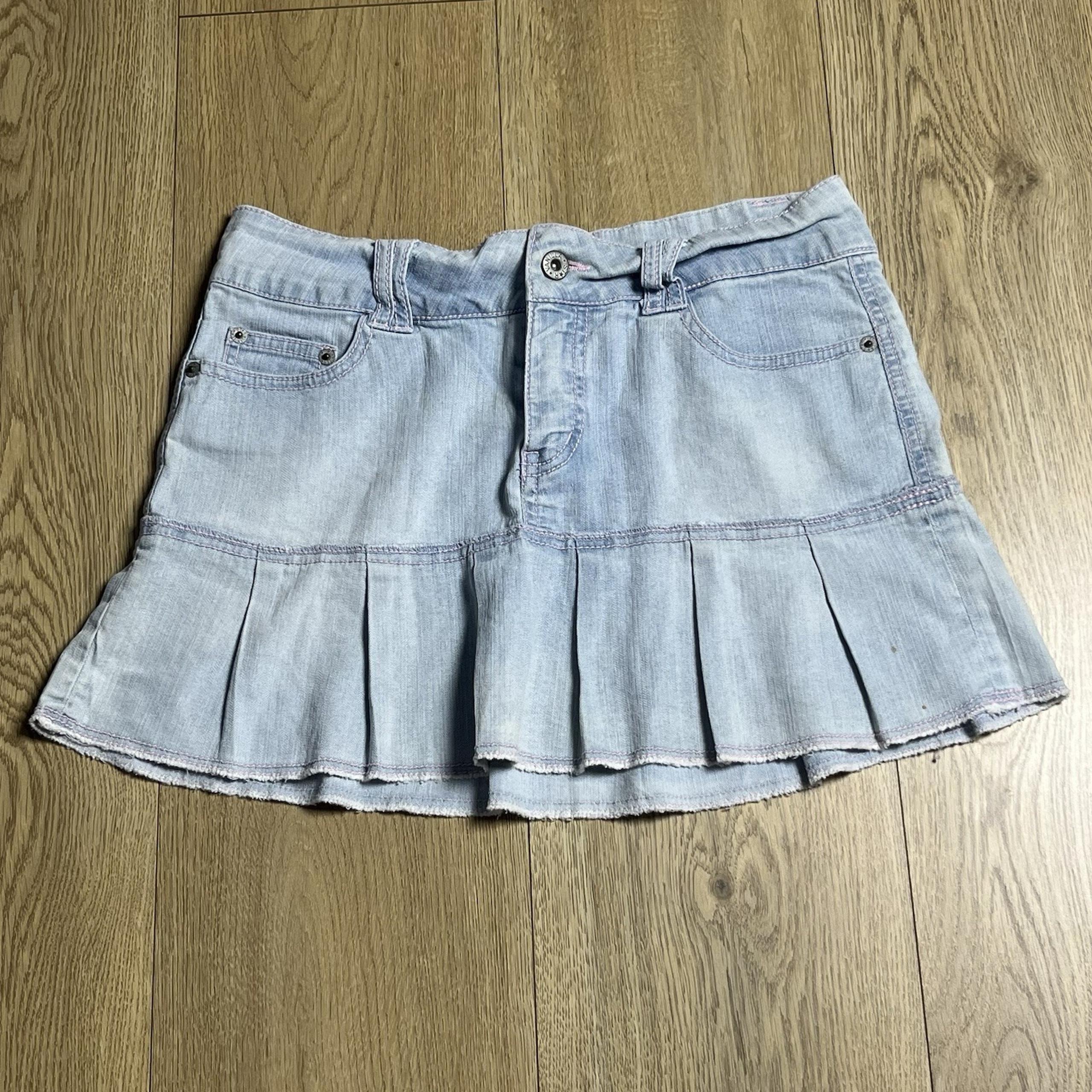 Vintage Y2K Micro Mini Denim Skirt Preppy Bratz Sz 16 Junior Pastel Stitch Flare